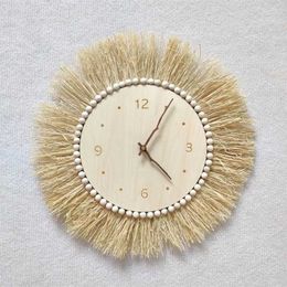 Wall Clocks Nordic Wooden Wall Clock with Raffia Creative Silent Clock Wall Decoration Children Room Wood Clocks Soft Furnishings Home Decor