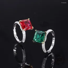 Cluster Rings 925 Sterling Silver Mirco Pave CZ Jewellery 10mm Square Red Ruby Green Cubic Zirconia Engagement Wedding Ring