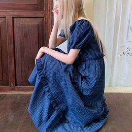 Party Dresses Korean Fashion Retro Square Neck Puff Sleeve Dress For Women Girls Summer Vintage A Line Ruffles Y2K Blue Plaid Long