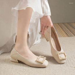 Casual Shoes Women's 2024 Summer Fashion Pearl Round Toe Mid-heel Shallow Rhinestone Low-heeled Flat Bridal