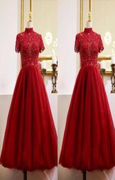 2021 Red Tea Length Evening Gowns Formal Dress Short Sleeves High Neck Lace Beaded Women Special Occasion Dress Party Prom Homecom1815243