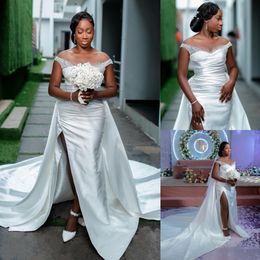 Stunning Pearls Mermaid Wedding Dresses With Detachable Train Side Split Bridal Gowns Sequined Sheer Bateau Neckline Satin Vestido De Novia