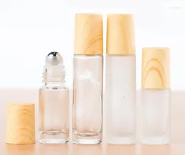 Storage Bottles Frosted Clear Glass Perfume Roller Vials Containers With Metal Ball And Wood Grain Plastic Cap SN2920