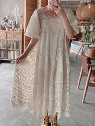 Party Dresses AIGYPTOS Summer Holiday Dress Women Elegant Bubble Sleeve Hollow Out Embroidered Lace Long Beach Casual Loose Boho