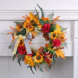 Decorative Flowers 40cm Thanksgivinng Artificial Wreath Sunflower Hanging Front Door Decor Country Fake Flower Welcome Sign Garland For Home