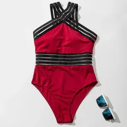 Women's Swimwear Removable Breast Pads Swimsuit Stylish Mesh Splicing Monokini With High Waist Halter Neck For Beachwear