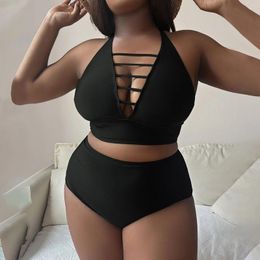 Women's Swimwear 2024 Large Swimsuit Solid Color Hollow Shoulder Strap Adjustable Backless Bikini Vacation Split Bathing Suit