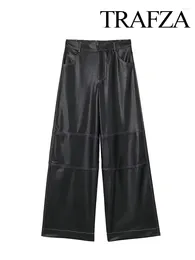 Women's Pants TRAFZA 2024 Autumn Faux Leather Pant For Women Fashion Trend Black Loose Long Female Versatile Wide Leg Trousers