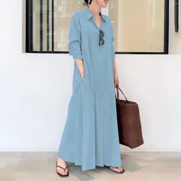 Casual Dresses Cotton Linen Solid Color Lapel Long Sleeve Pocket Relaxed Maxi Dress Shirt Pockets