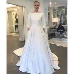 2024 Bohemian Western Country A Line Wedding Dresses Vintage Sexy Jewel Neck Satin 3/4 Long Sleeves Bridal Gowns Robes de Mariee Sweep Train Button Back 0513