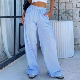 Women's Pants Women Striped Print Elastic Mid Waist Lounge With Pockets Loose Straight Long Trousers Streetwear Clothes