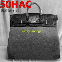 Bk Leather Handbag Trusted Luxury Customised 50cm Black Matte Crocodile Skin Patchwork Sheep Sticky Woollen Cloth Large Travel Bag have logo HBX9