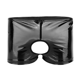 Mens Sexy Open Crotch Glossy Leather Boxer For Sex Shaping Latex Shorts Crotchless Male Shiny PVC Leather Short Pants Sexi 240603