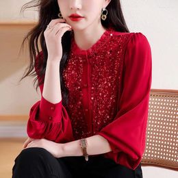 Women's Blouses Women Elegant Loose Ruffles Red Sequined Shirts Spring Temperament Chic Button Long Sleeve Female Top