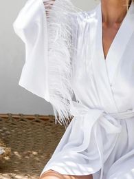 Home Clothing Feathers Patchwork Women'S Robe Sexy V-Neck Sleepwear Long Sleeve Lace Up Bathrobe Causal White Ladies Clothes