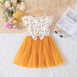 Girl's Dresses Dress For Kids 4-7 Years old Birthday Short Sleeve Cute Floral Yellow Tulle Bow Princess Formal Dresses Ootd For Baby GirlL240513