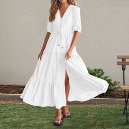 Casual Dresses White Summer Holiday For Women Solid Colour Button V Neck Drawstring Maxi Dress Sexy Slit Loose Party Pleat Ruffles