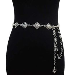 Waist Chain Belts New retro diamond carved chain strap for womens fashionable silver thin belt jeans dress 2023 Q240511