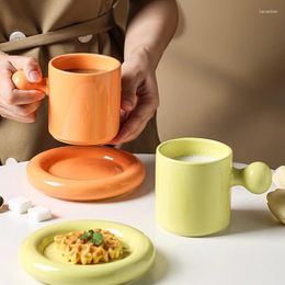 Mugs High Quality 320ML Coloured Glaze Ceramic Cappuccino Coffee Mug And Saucer Set Personalised Custom Logo Pottery Milk Tea Cup