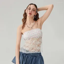 Women's Tanks WPNAKS Women Tube Tops Floral Lace Mesh Sheer Boat Neck Strapless Backless Bandeau Shirts Summer Clothes Sexy Streetwear