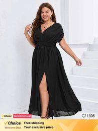 Plus size Dresses Plus Sized Clothing Black Dolman Slve Maxi Dress With Pockets Casual V Neck Dress Split Ruched Tie Back Elegant Party Dress Y240510