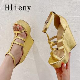 Sandals Hlieny Women Summer Open Toe Ankle Buckle Strap Wedge Fashion Platform Cover High Heels Ladies Party Dress Shoes Golden