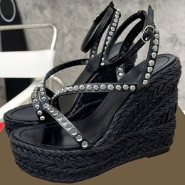 Leather Platform Wedges Sandal Women Espadrilles Sandals Designer Dress Shoes Straw Weaving Black With Box 564