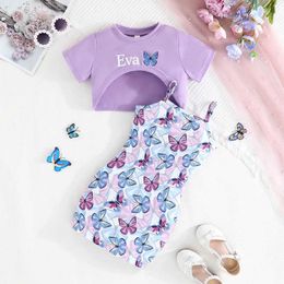 Girl's Dresses Clothing Set For Kid Girl 2-7 Years old Short Sleeve Top Cartoon Butterfly Print Suspenders Skirt Princess Dresses For Baby GirlL2405