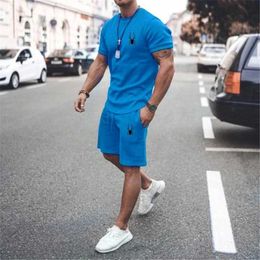 Men's Tracksuits Hot selling summer T-shirt+shorts 2-piece set for mens casual fitness jogging sportswear hip-hop breathable short slved set Y240508