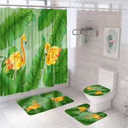Shower Curtains Pink Flamingo Curtain Sets Tropical Green Palm Banana Leaves Fabric Bathroom Non-Slip Bath Mats Rug Toilet Cover