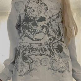 Combhasaki Womens Y2K Grunge Fairy Tops Fashion Halloween Long Sleeve Off Shoulder Skull Print Casual Street Party Fall T-Shirt 240424