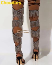 Boots Choudory Silver Crystal Bling Over-the-knee Lace-up Cross Strappy Caged Sandals Stiletto Heels Fringe Shoes