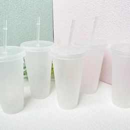 Disposable Cups Straws 5Pcs 500ml/700ml Straw Cup With Lid Water Food Grade Anti-deform PP For Home Storage Bottle