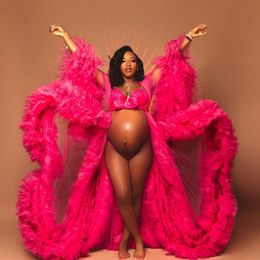 African Hot Pink Maternity Dress Robes for Photo Shoot or baby shower Ruffle Tulle Chic Women Prom Gowns Ruffles Long Sleeve Photograph 259p