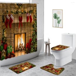 Shower Curtains Merry Christmas Curtain Snowman Tree Fireplace Gift Holiday Home Decor Bath Set Non-Slip Carpet Toilet Cover Rug
