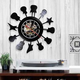 Wall Clocks Guitar Shaped Wall Art Musical Instruments Themed Vinyl Disc Record Wall Clock Whimsical Pop Shadow Wall Art Decorative