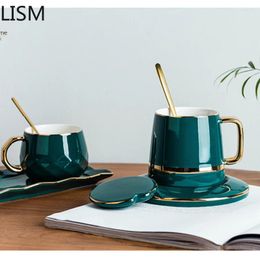 Mugs Luxury Ceramic Coffee Mug With Lid Spoon Nordic Retro Green Chavenas De Cafe Vintage Afternoon Tea Cups Milk Office