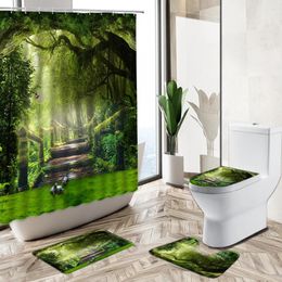 Shower Curtains Landscape Curtain Forest Trees Green Plants 3D Printing Waterproof Bathroom Bathtub Non-Slip Pedestal Rug Toilet Cover