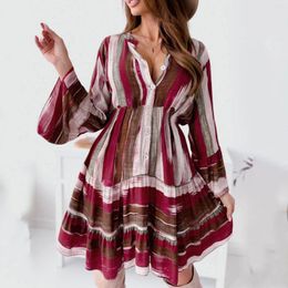 Casual Dresses Ladies Shirt Dress Patchwork Printed V Neck Button Long Sleeve Ruffle For Women 2024 Spring Summer Party