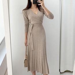 Work Dresses ABRINI Autumn Winter Solid Cross V-Neck Elegant Knitting A-Line Dress Lace Up Pleated Long Sleeve Office Sweater Female
