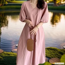 Party Dresses Loose Clothes Comfortable Women Summer Lantern Sleeve Belly Robe Retro Vintage Casual Cotton Linen