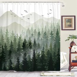 Shower Curtains HGX Misty Forest Curtain Set With Hooks Waterproof Fabric Nature Tree Mountain Woodland Decor Bathroom Bath