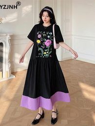 Party Dresses YZJNH 2024 Summer Long Dress Women's Korean Edition Loose Print Colour Block Hem Short Sleeve Large Size