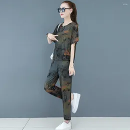 Women's Two Piece Pants 2Pcs/Set Women O-Neck Outfit Lady Short Sleeve Elastic Waistband Casual Long Set Streetwear