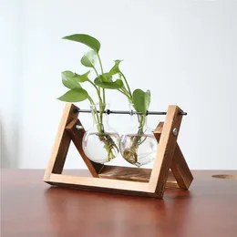 Garden Decorations Vintage Creative Hydroponic Plant Transparent Vase Wooden Frame For Decoration Glass Tabletop Bonsai Decor