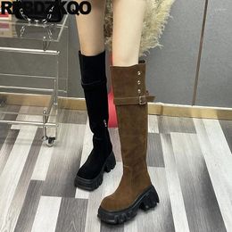 Boots Motorcycle Wide Calf Knee High Heels Women Belts Brown Nubuck Sheepskin Side Zip Biker Block Shoes Fur Square Toe Over The