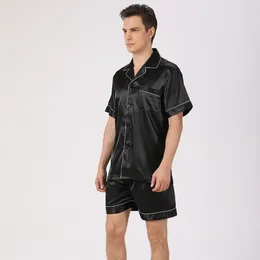 Home Clothing Black Homewear Men Pyjamas Suit 2Pcs Shirt&shorts Sleepwear Satin Short Sleeve Outfit Nightwear Male Loose Loungewear Pyjamas