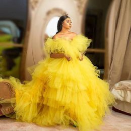 Yellow Ball Gown Formal Evening Dress Puffy Tiered vestidos Tulle Off Shoulder Party Dress Plus Size Tiered Ruffles Chic Prom Gowns 333T