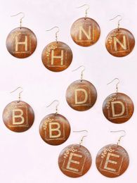 Dangle Earrings Engraved Initial Letters Wooden Disc Drop Earring