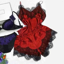 Home Clothing Fashion Sexy Lace Sleepwear Lingerie Babydoll Underwear Nightdress Comfortable And Women'S Solid Silk Two Piece Set